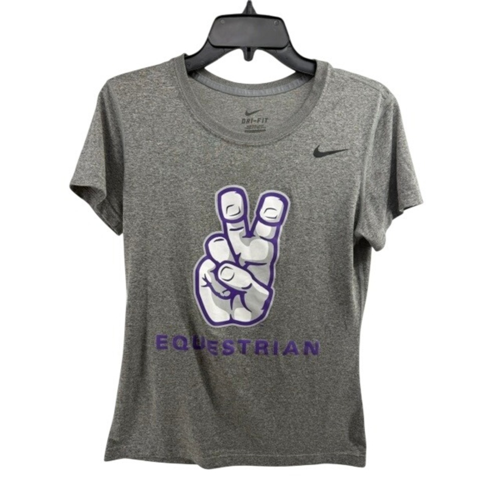 Nike Dri-FIT Equestrian Graphic Tee Womens Small Gray Peace Sign Horse Rider Tee